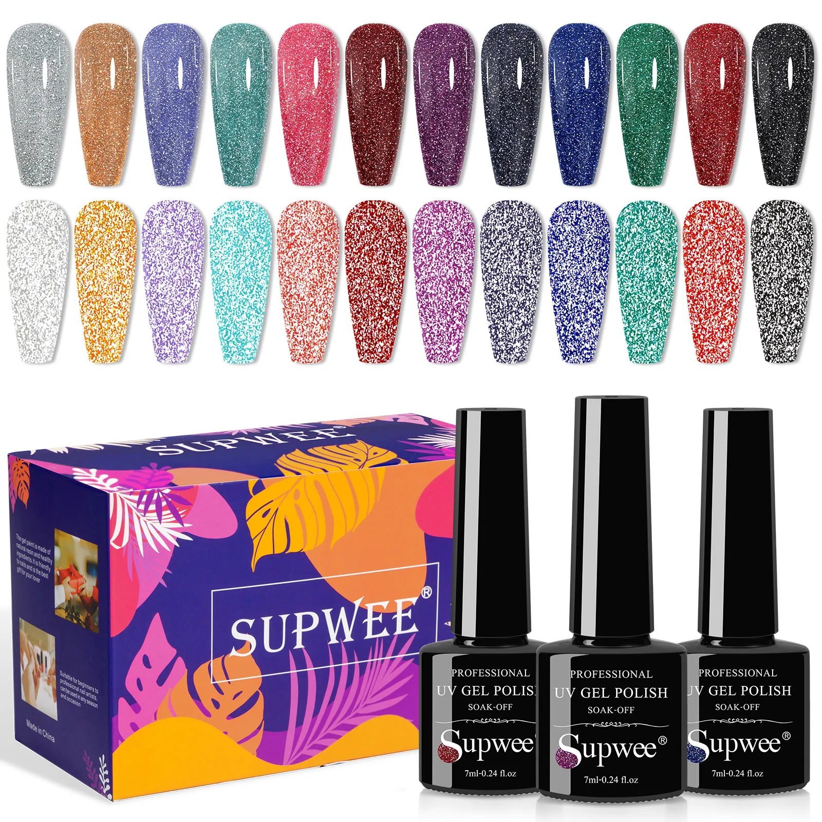 

SUPWEE 12PCS/Set Reflective Glitter Gel Nail Polish Laser Sparkling Semi Permanent Varnish Soak Off UV Gel For Nail Art Design