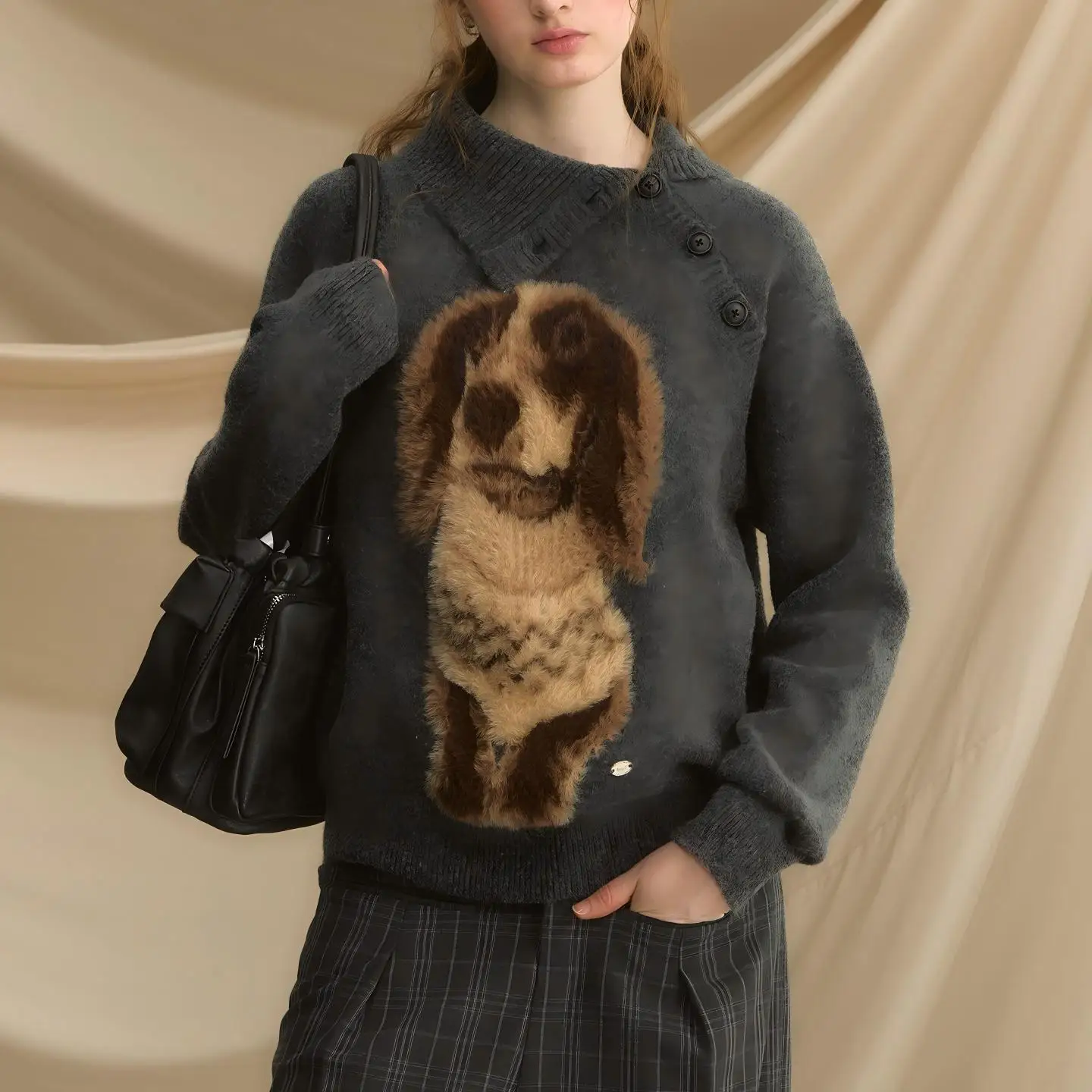 Chic Autumn and Winter Pullover Sweater Female Puppy Retro Street Trend Loose Lazy Wind Wear Knitted Sweater Female Y2K Jumpers