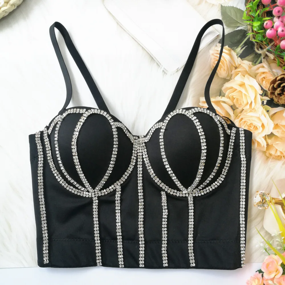 SsTss Summer Women Camis Tank Top Luxury Rhinestone Sparkling Fishbone Push Up Bustier Corset Bra Sexy Night Party Club Crop Top