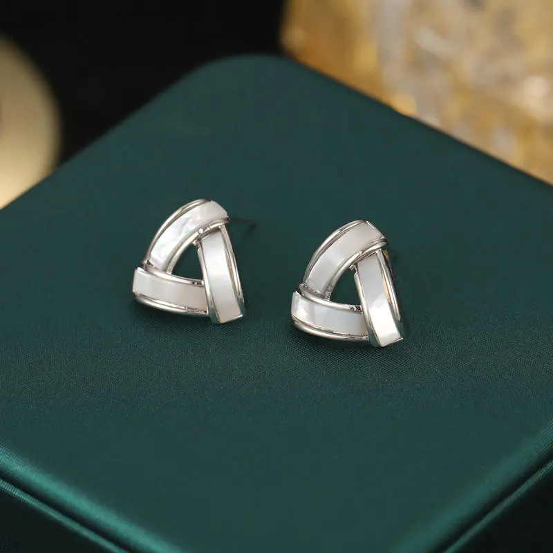 

New French Style Niche Korean Temperament S925 Silver Needle Natural Mother-of-Pearl Triangle Stud Earrings
