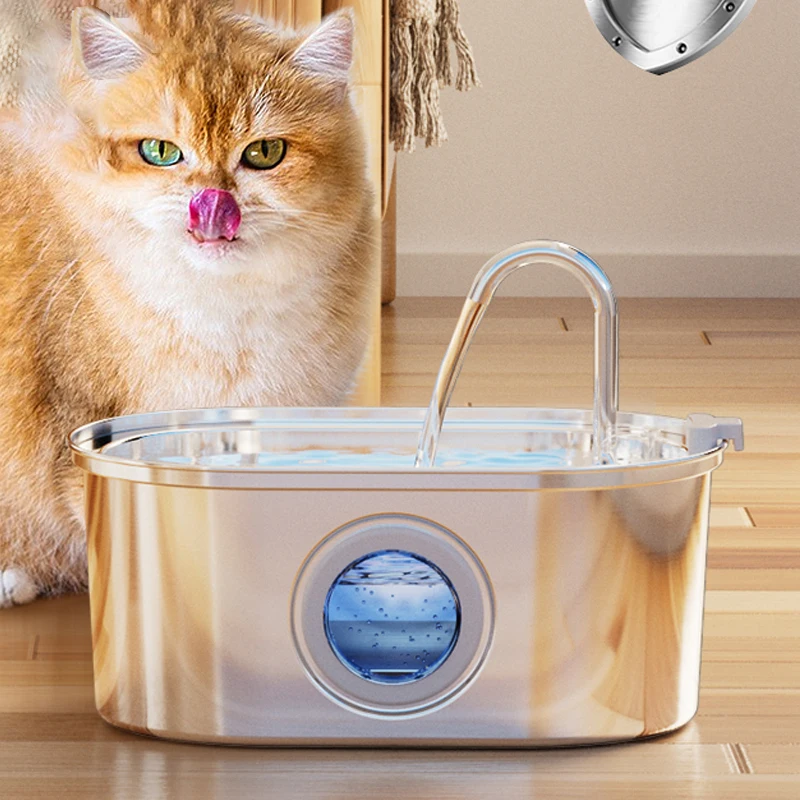 Stainless Steel Cat Fountain Automatic Pet Water Feeder Viewing Window Pet Water Dispenser Accessories Smart Cat Drinking Bowl