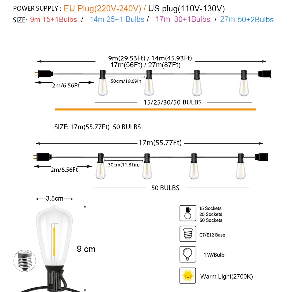 Imagem -03 - Luzes Led String para Decoração do Partido Luzes de Corda ao ar Livre Bulbo Globo Lâmpada de Rua Pátio Jardim Quintal Camping Guirlanda Regulável St38