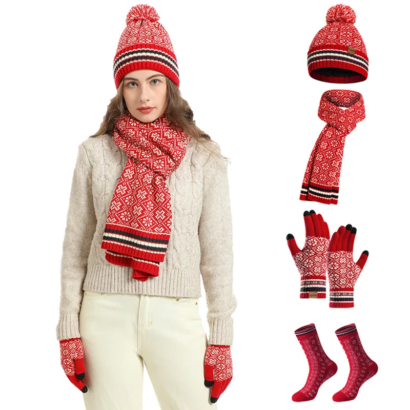 Winter New European American Knit 4Pcs Set - Warm Beanie Scarf Gloves Socks, Christmas Festive Coldproof Accessories Unisex