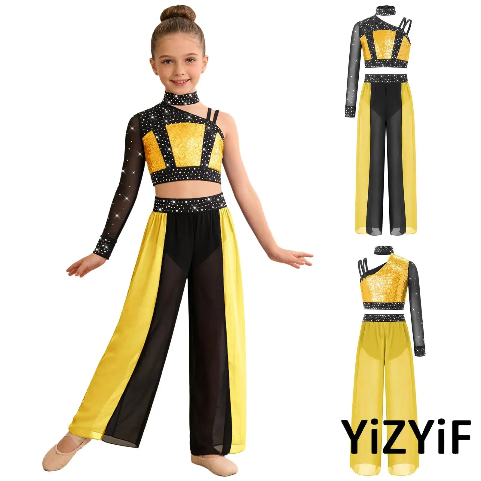 

Jazz Dance Suit Kids Girls Ballet Modern Dance Performance Competition Costume Lyrical Dance Tops and Pants Set for Prom Show