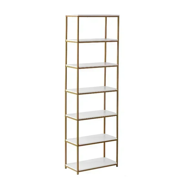 

6-Shelf Gold Metal Frame Bookcase, White