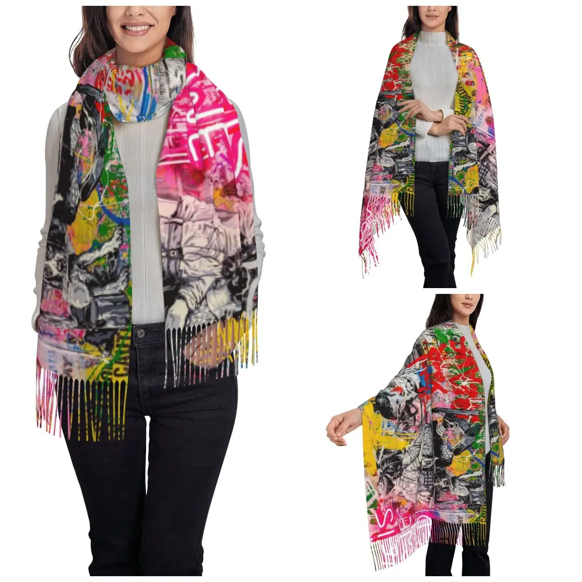 Womens Tassel Scarf Graffiti Art Brainwash Large Super Soft Shawl Wrap Banksy Gifts Pashmina Scarves