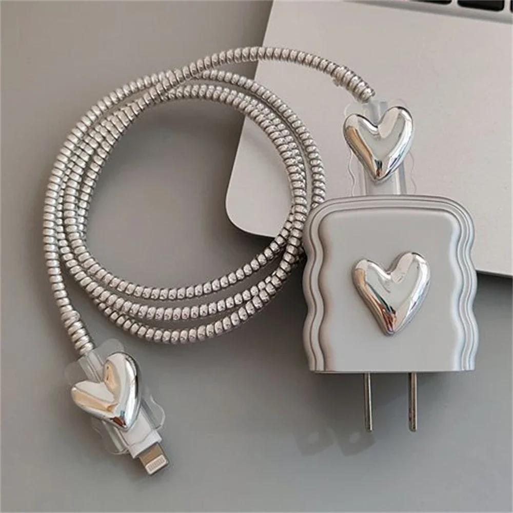 Creative 3D Silver Love Heart Wave Border Case for iPhone 15/14/13/12 Pro Max and Fast Charging 18W/20W Charger Protective Cover