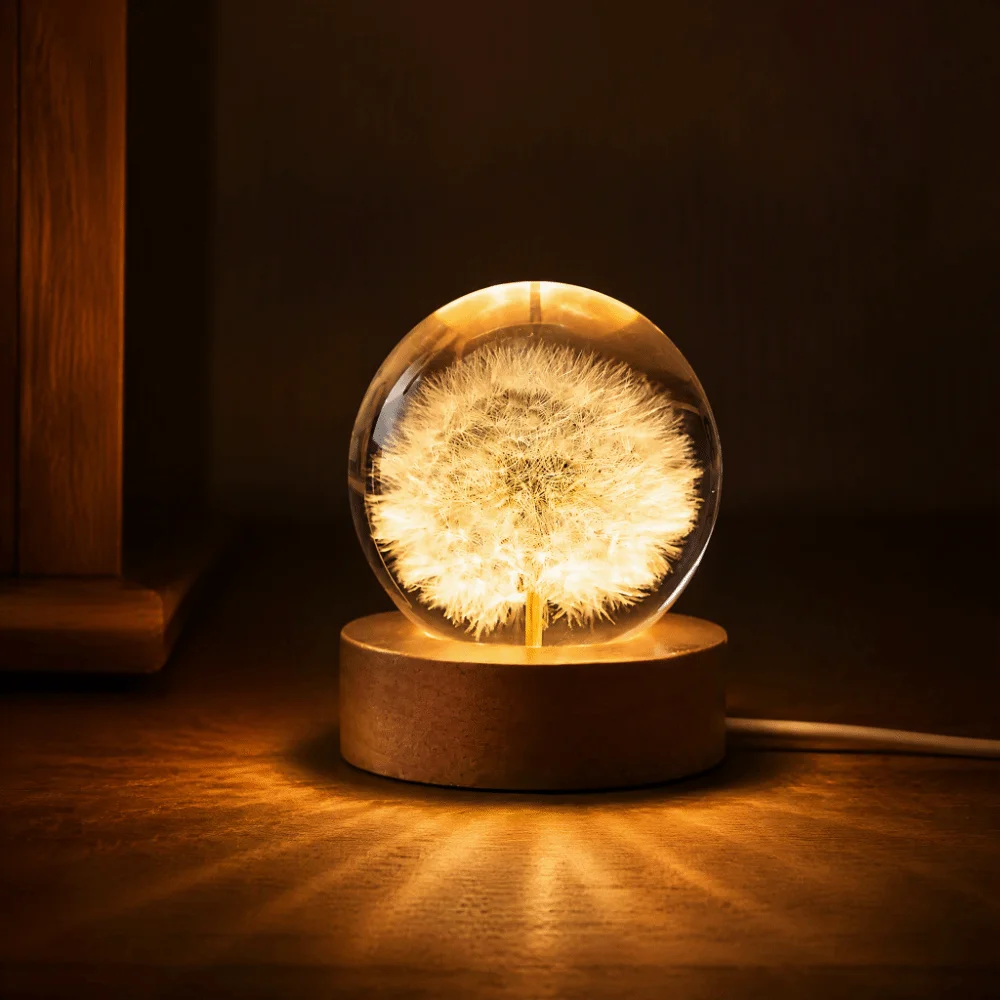 6cm Crystal Ball Night Light Solid Wood Base USB Powered LED Crystal Sphere Dry Flower Preserved Flower Crystal Ball Home Decor