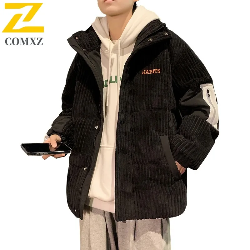 COMXZ Men Parker Coat Warm Lightweight Stand Collar Corduroy Down Jacket Ski Travel Windproof Slim Snow Cotton Padded Jacket