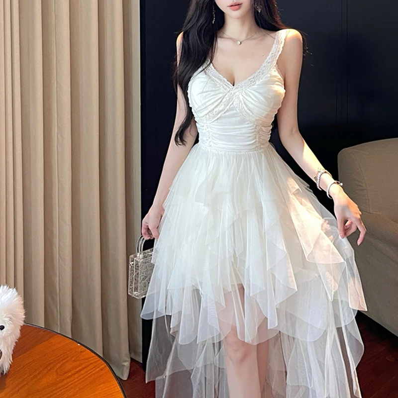 

Платье на бретельках во французском стиле для женщин, лоскутное кружевное сетчатое платье для дня рождения, платье принцессы нестандартной формы