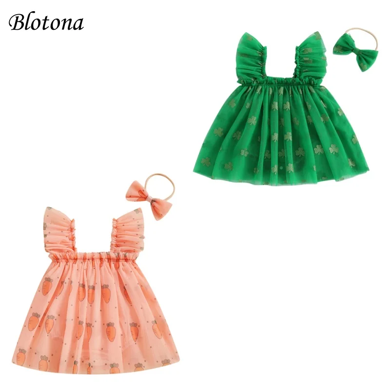 Blotona Baby Girls Summer Bodysuit Outfits Sleeveless Romper Mesh Tutu Dress with Headband Easter/St. Patrick's Day 2Pcs Set