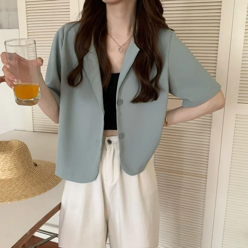 Casual Cropped White Blazers Women Korean Chic Two Buttons Suit Jacket Ladies 2024 Spring Summer Thin Short Sleeve Coats Woman