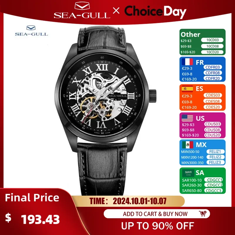 

Seagull Stainless Steel Full Hollow Automatic Men Wrist Mechanical Watch 50m Water-proof Business for Men Watches D819.611HK