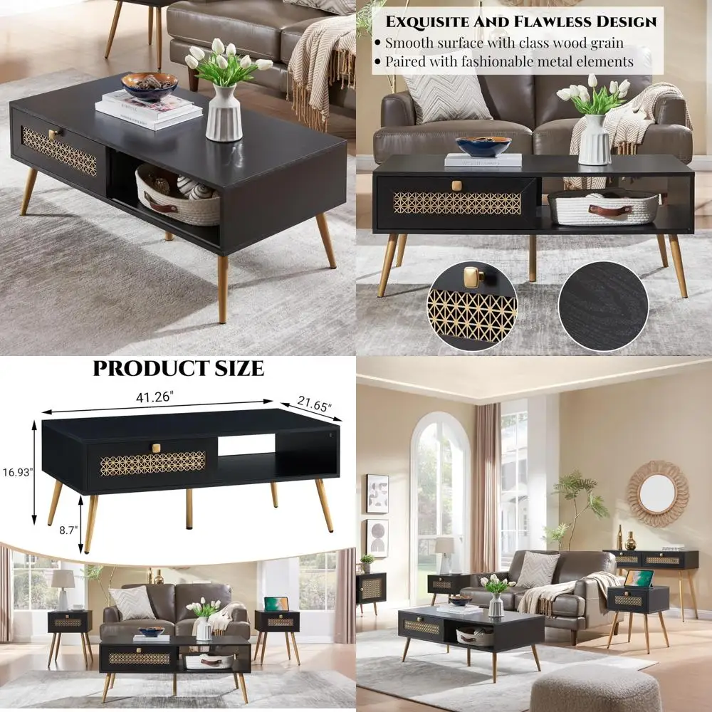 

Mid Century Modern Rectangular Coffee Table with Sliding Door, Black for Living Room, Space-saving Design