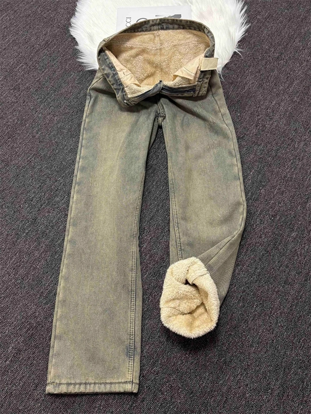 

Thiened Lamb Velvet Fce Winter Warm Men's Jeans Elastic Slim Fit Fce Lined Wide Leg Pants mid Waist Polyester Fiber