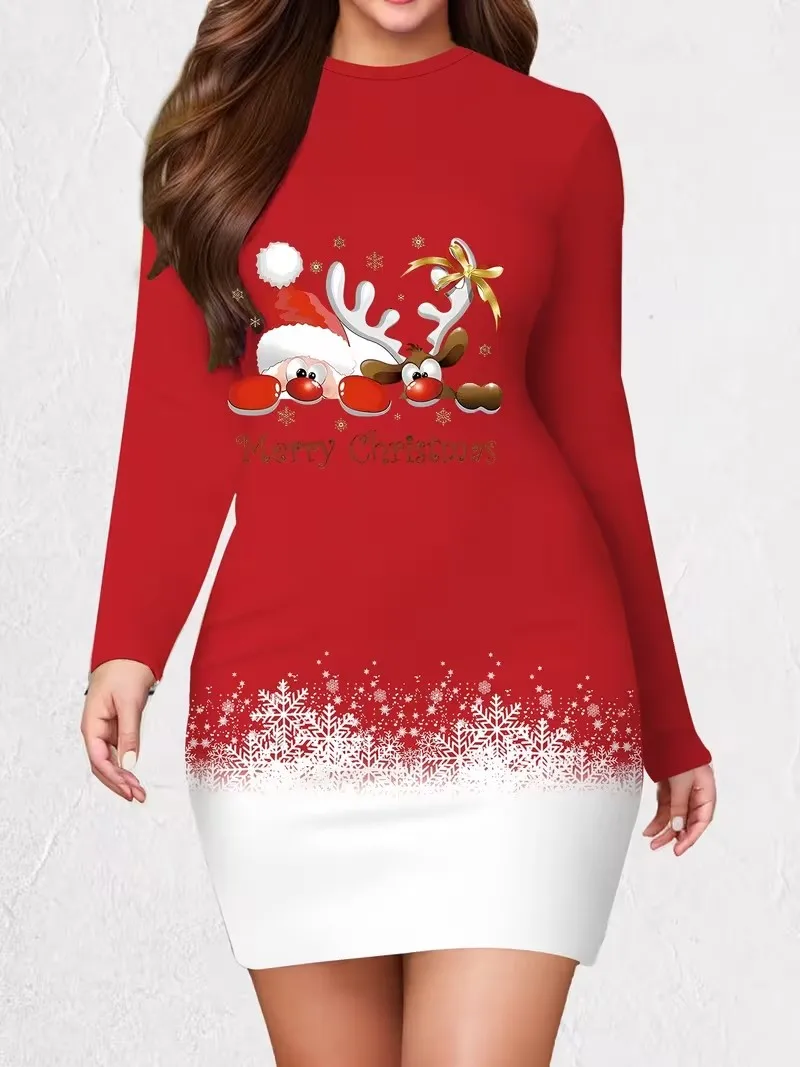 New women's long sleeved tight fitting dress, 3D Christmas party mini dress Vestidos De Mujer