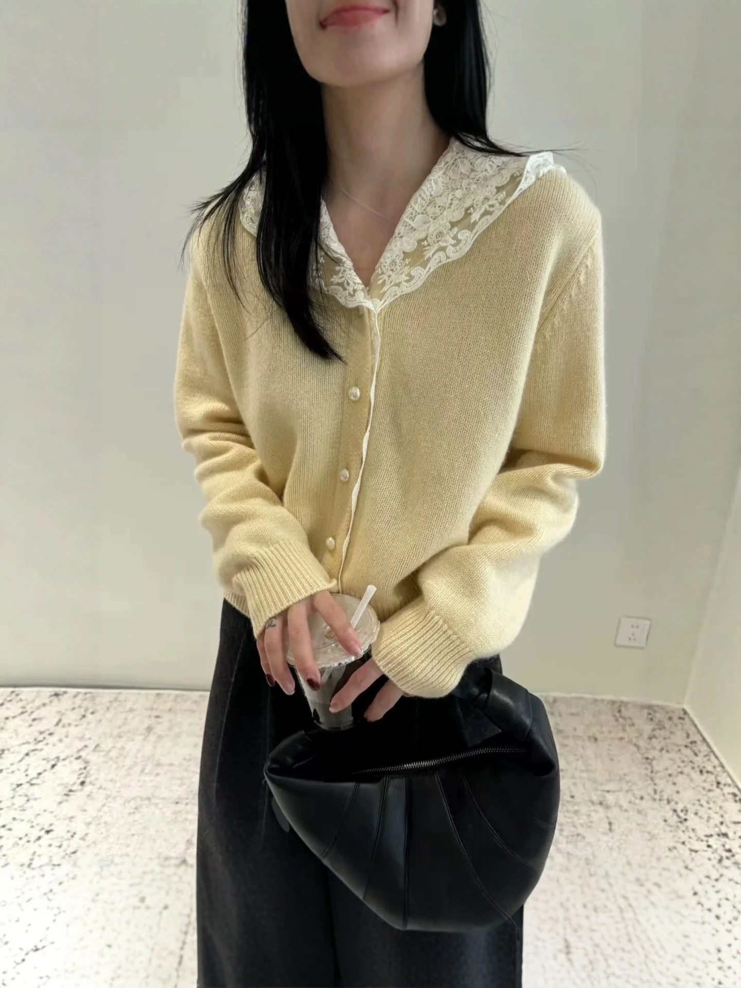French Style Lace Splice Hooded Knitted Open Cardigan Women's Autumn Winter Lazy Elegant Sweater Jacket Loose High-End Top