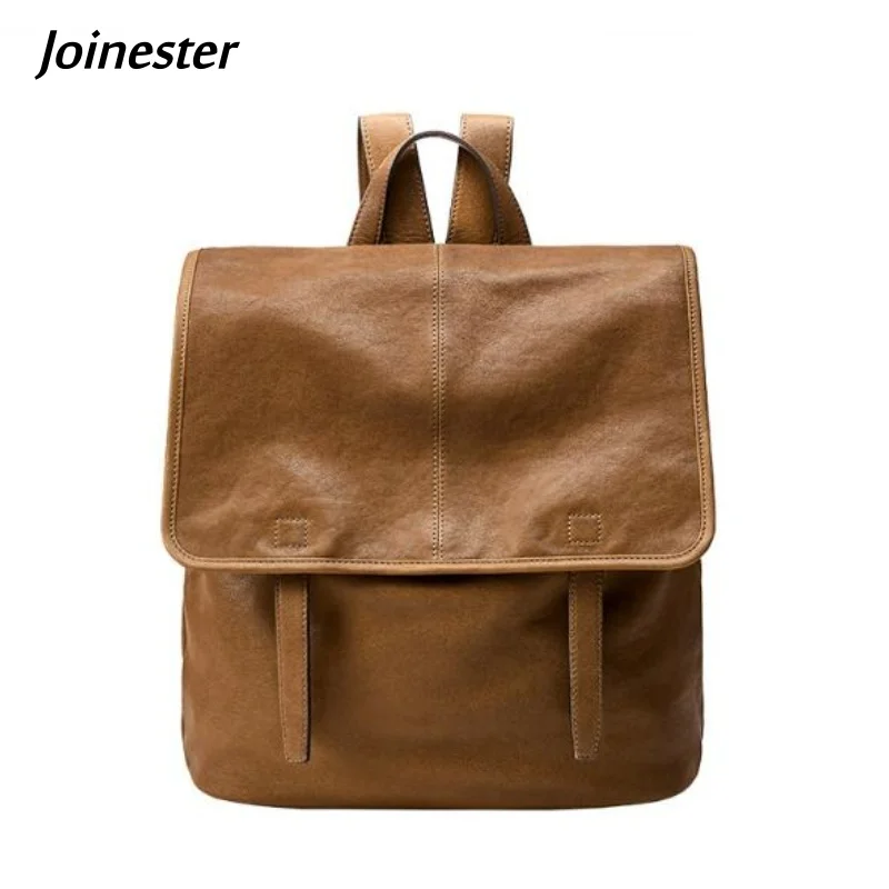 Vintage Pure Color Cow Leather Flap Backpack Unisex Brief Large Capacity Commuting Bag Waterproof Leisure Laptop Backpacks