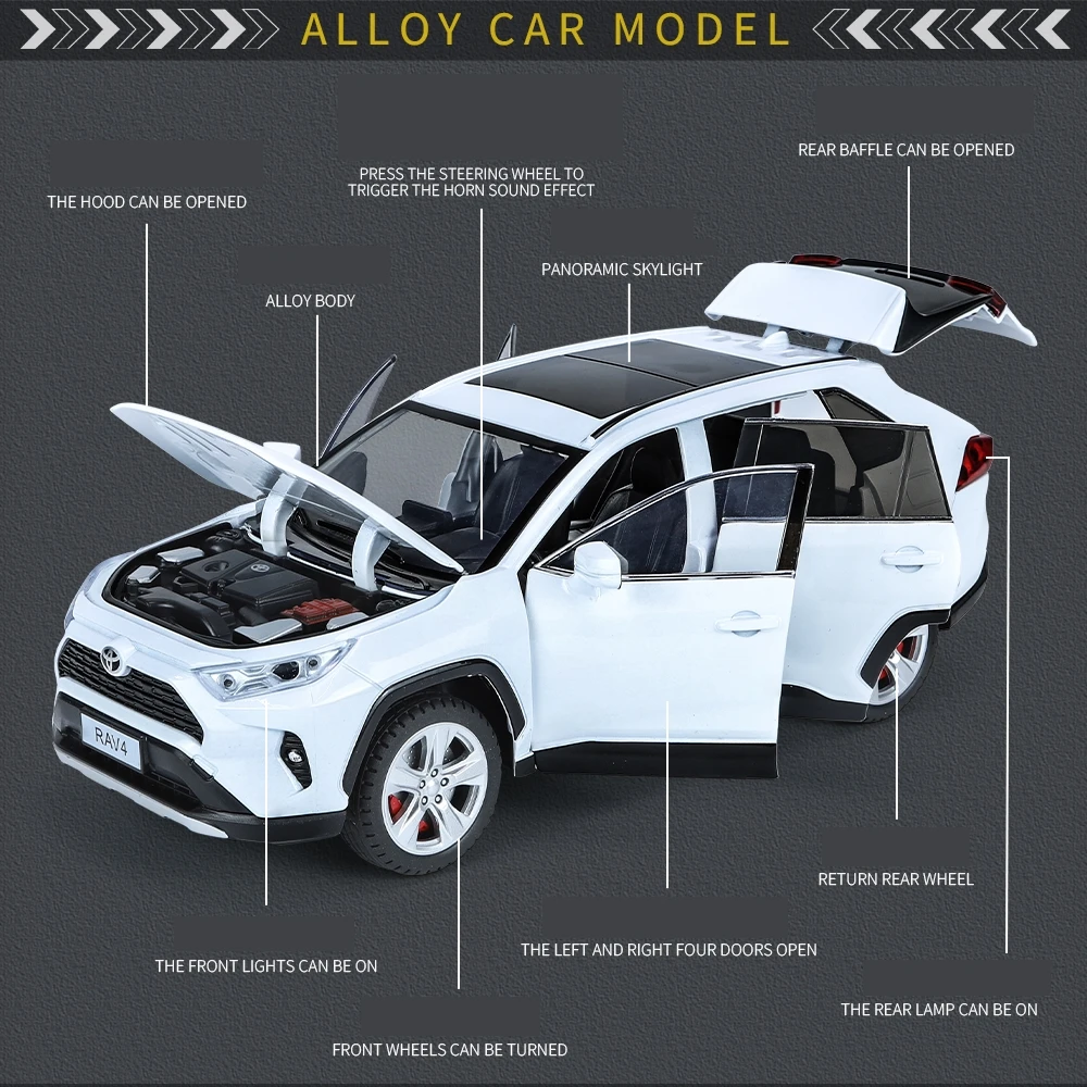 1/24 TOYOTA RAV4 SUV Sport Diecast Alloy Miniature Toy Car Model Remote Control Sound Light Pull Back Collection Gift For Boy