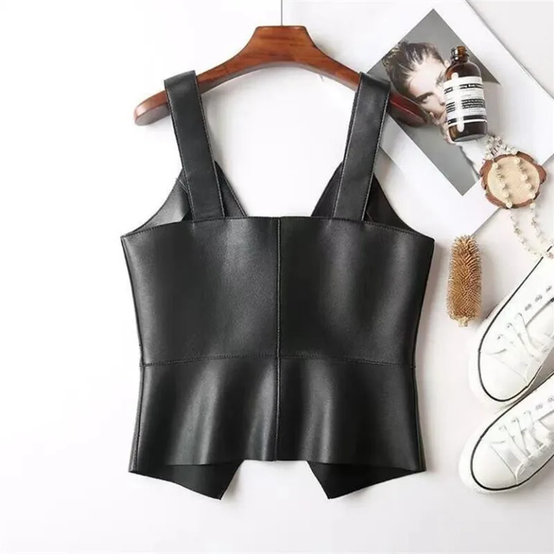 Fashion Design Suspender Leather Vest Women's  Waistcoat New 2023 Spring Autumn Korean Motorcycle Short Slim Female Vest Jacket