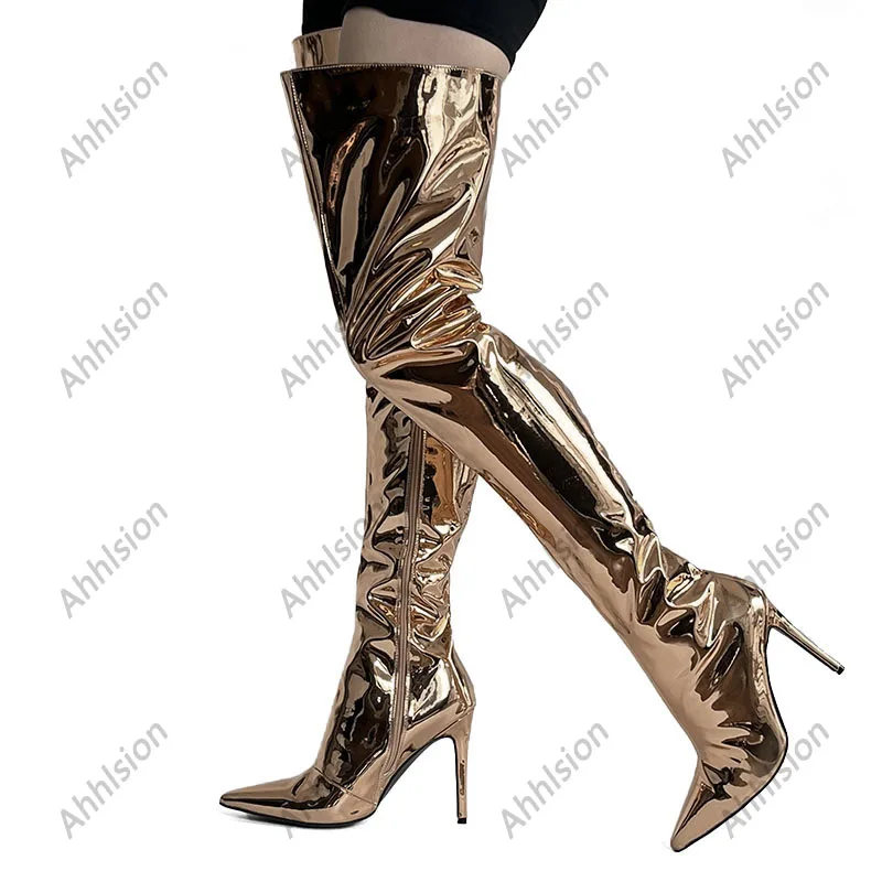 Ahhlsion New Fashion Women Winter Thigh Boots Stiletto Heels Pointed Toe Gold Silver Cosplay Shoes Ladies US Plus Size 5-15