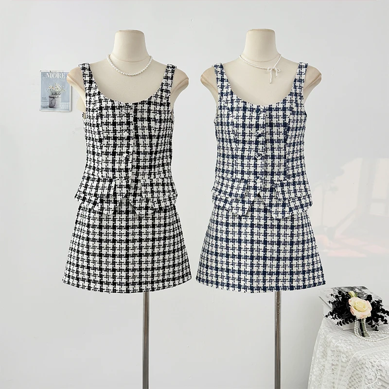 

Small Fragrant coarse plaid camisole vest high waist slim fit hip hugging short skirt women's summer elegant two-piece set