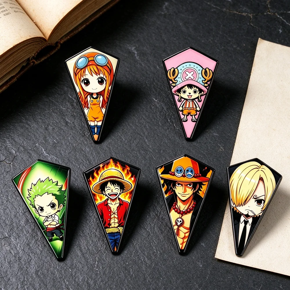 6Pcs One Piece Anime Brooch Badges Triangle Shape Pirate Luffy Nami Pins for Backpack Collectible Gift for Anime Fans