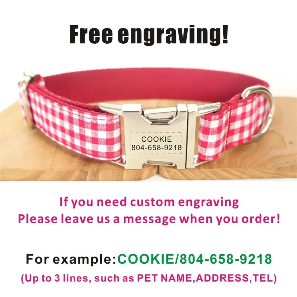 Personalized Pet Collar Customized Nameplate ID Tag Adjustable White Red Plaid Cat Dog Collars Lead Leash