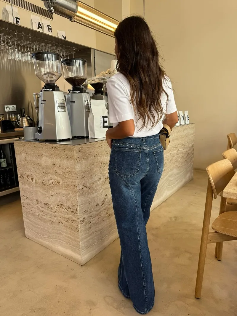 Damen-Jeans mit Nieten und geradem Bein, gebogene Nähte, Metallperlen, lockere, weite Denim-Hose, amerikanischer Street-Casual-Stil, Alltagshose – Detail 5
