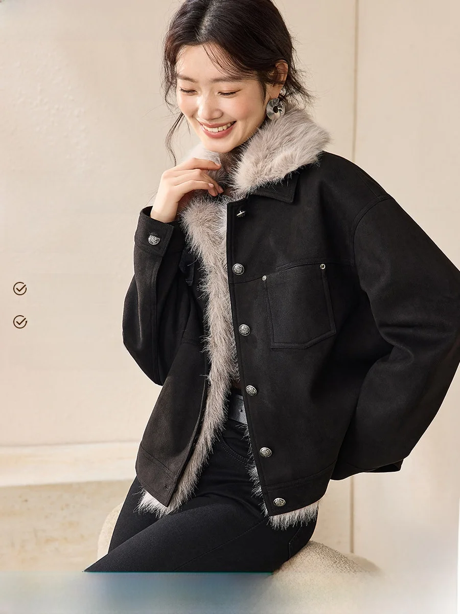 

Faux Fur Collar Removable Suede Fabric Warmth Women's Jaet Sli Retro Workwear Feel Commute Sle ort Coat for Ladies