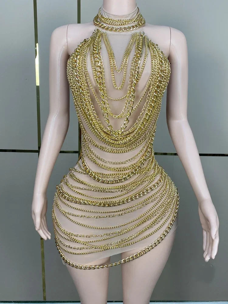 

Shiny Golden Chain Dress Party Bar Wear Singing Stage Performance Costume Fashion See Through Nude Mesh Women Dress