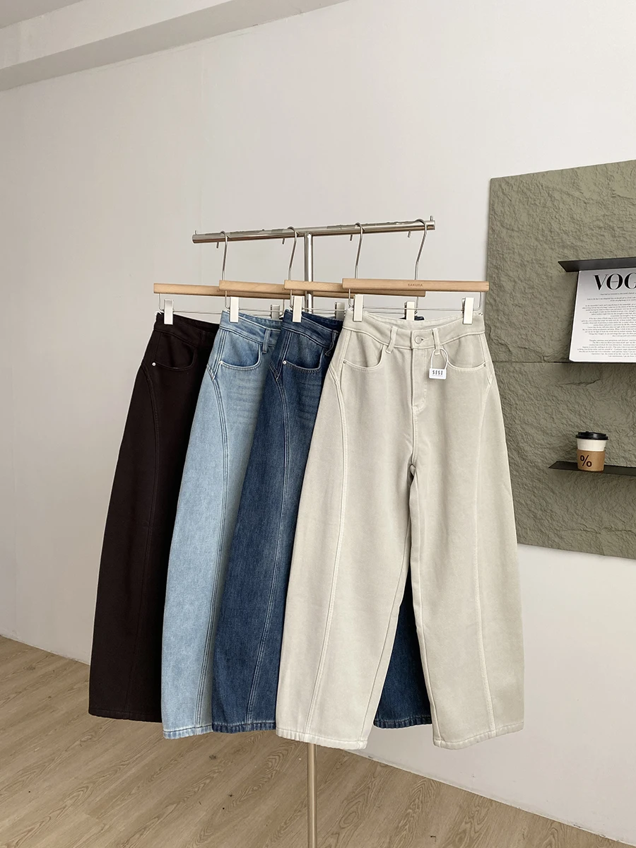 

Женские джинсы с высокой талией, утепленные флисом, повседневные, классические, свободного кроя, широкие штанины, длинные брюки-харлан