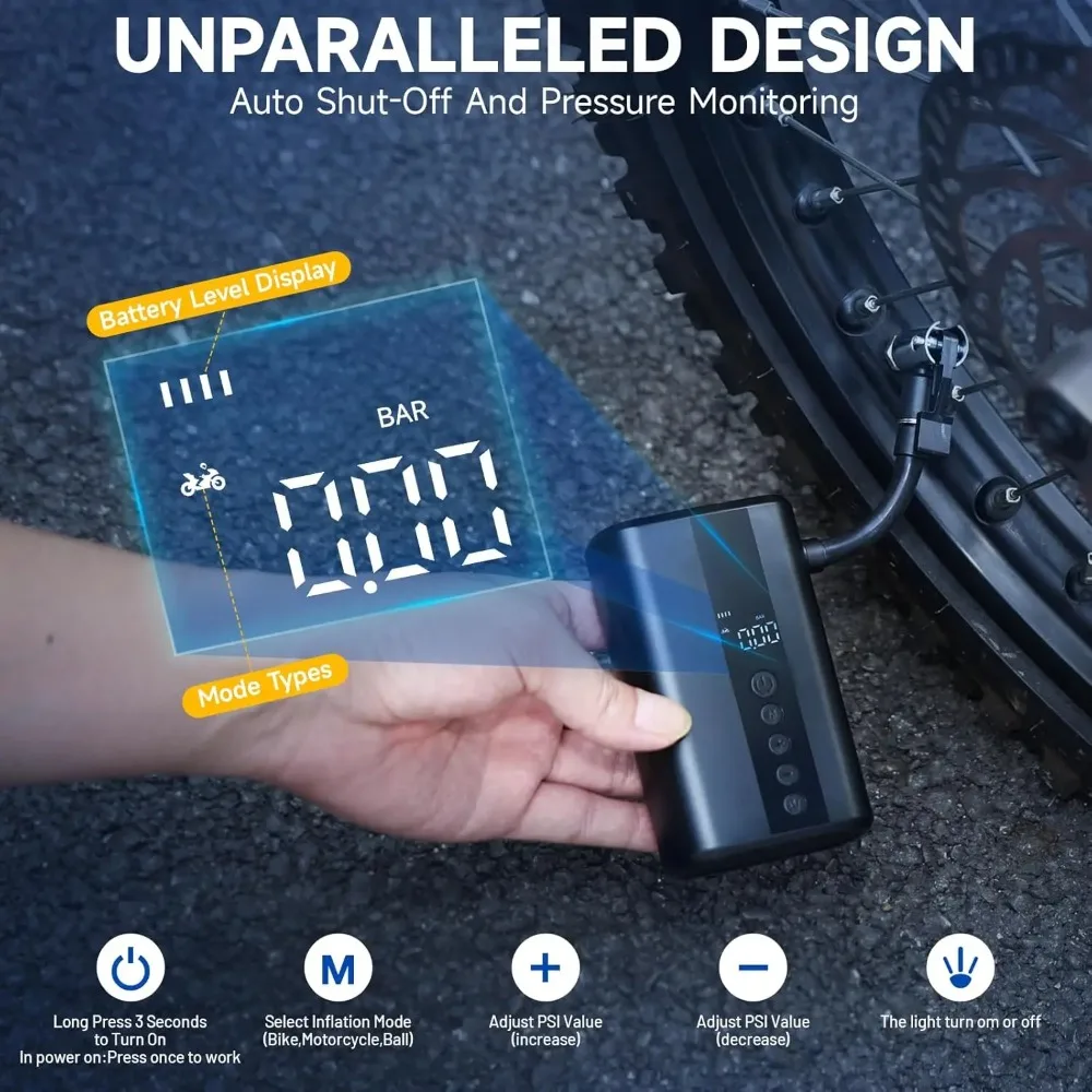 ミニタイヤインフレータポンプ、130PSI電動サイクルエアポンプバイクタイヤポンプシュレーダーバルブ、ロードバイク、オートバイ、電動自転車、ボール用