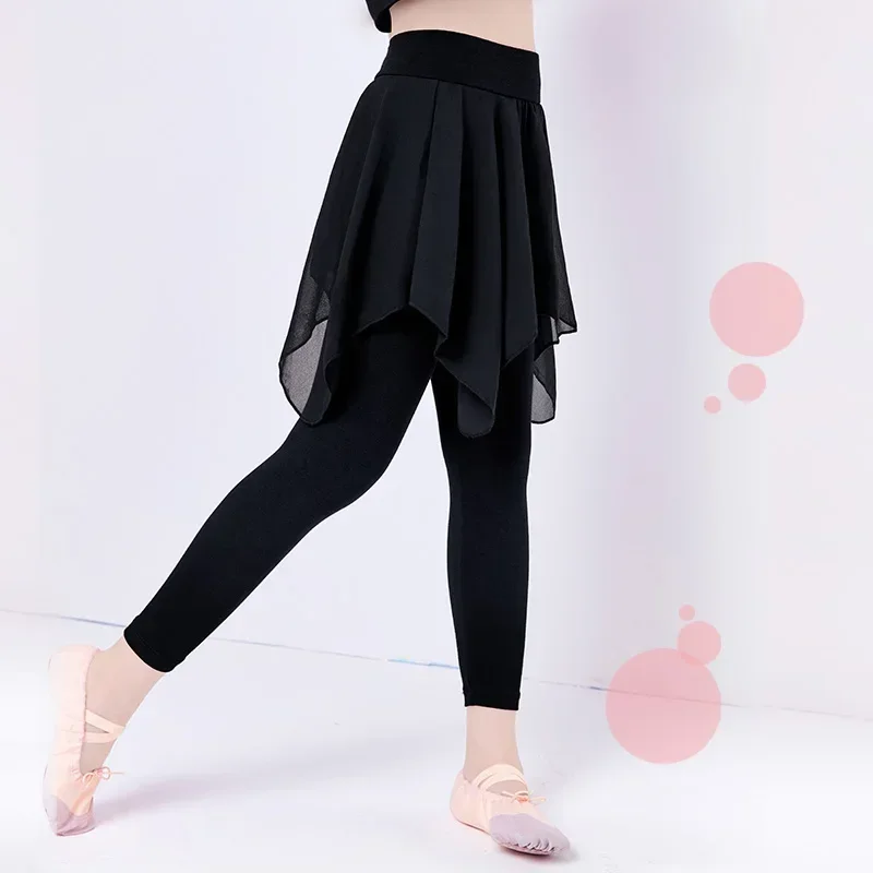 Girls Kids Black Ballet Dance Pants Children Modal Pants With Chiffon Skirt Gymnastics Dance Training Leggings