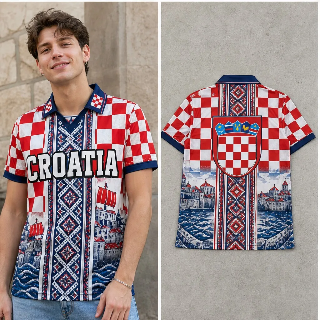 Mens Croatia Coastal Town Checker Graphic Semi Polo V Neck T Shirt Short Sleeve Casual Heritage Jersey Top Daily Wear Street Fit
