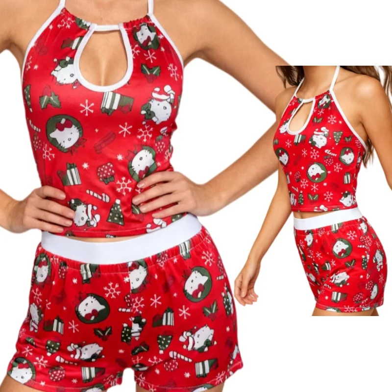 

Kawaii Hello Kitty Soft Comfy Christmas Santa Claus Element Print Festival Atmosphere Women's Sleepwear2Pieces Crop Tops Shorts