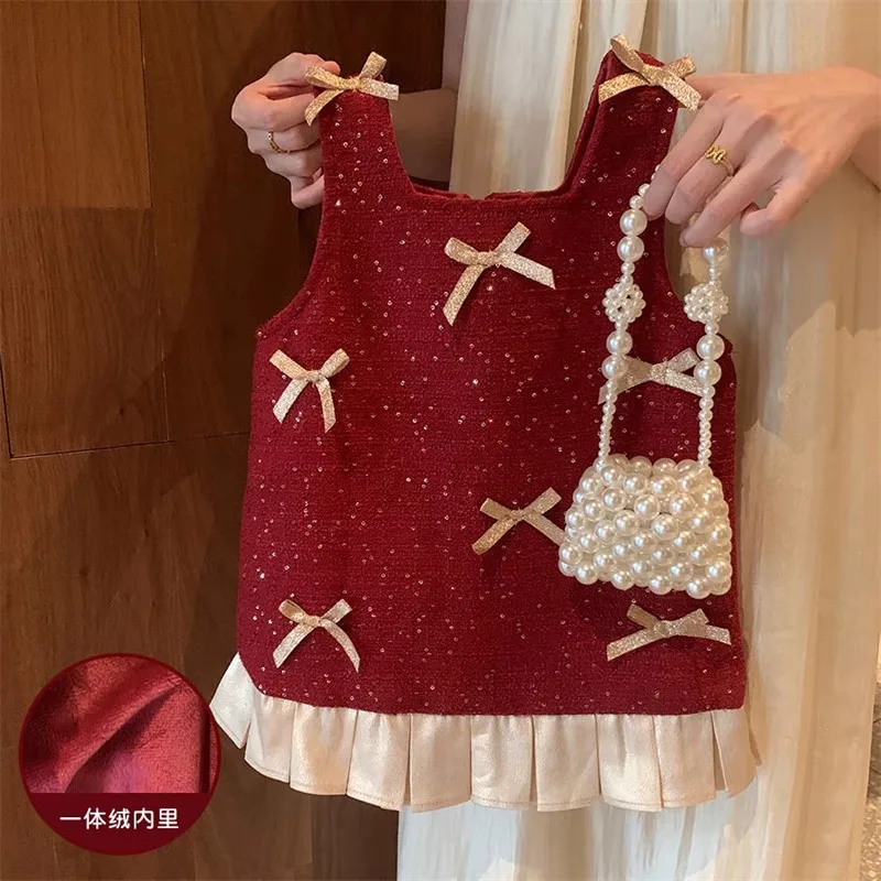 MILANCEL New Autumn Kids Dress 2-7T Cute Bow Patchwork Girls Pinafore Dress Sweet Christmas Day Thicken Children Clothes
