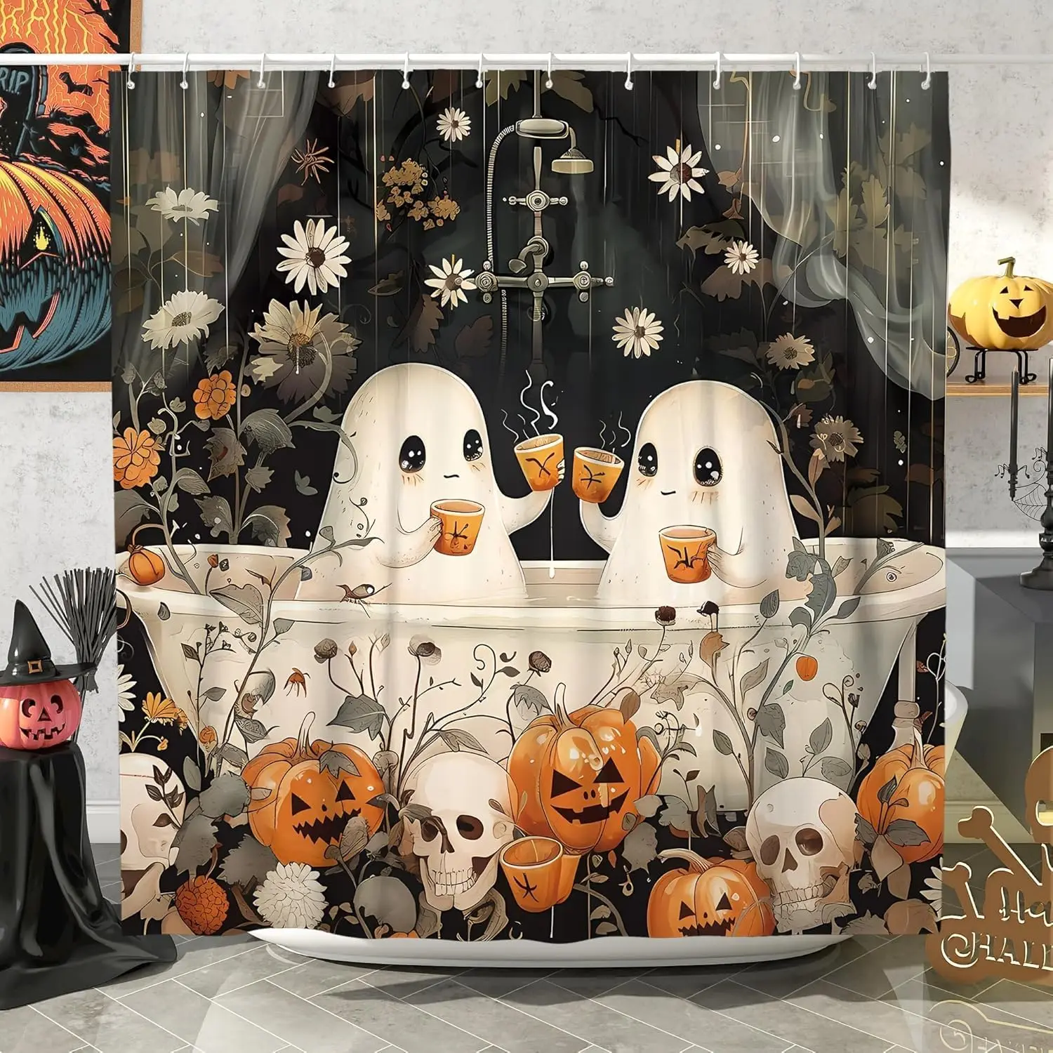 

Набор занавесок для душа на Хэллоуин, призрачная злая тыква, жуткая занавеска для душа, милый забавный осенний декор для ванной комнаты, моющаяся прочная ткань 72x