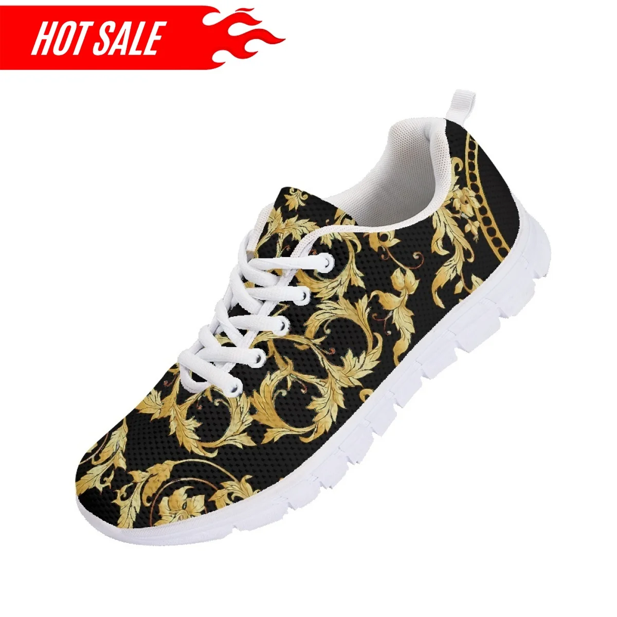 Vintage Golden Baroque Design Mesh Shoes for Women Lightweight Lace up Casual Sneakers Ladies Outdoor Walk Flats