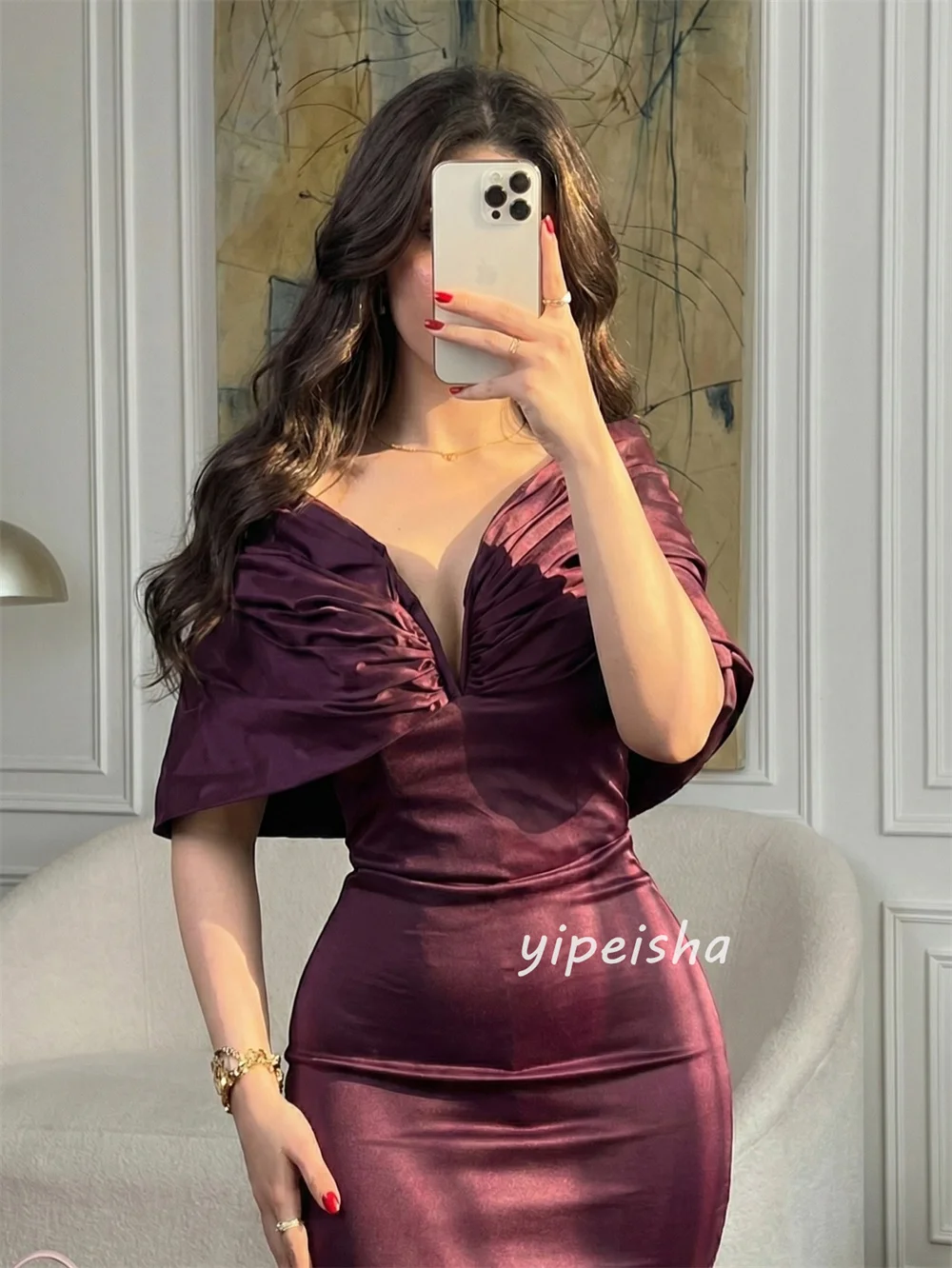 맞춤형 버건디 심플 고급 플리츠 드레이프 머메이드 오프숄더 롱 드레스 이브닝 드레스 다양한 사이즈 제공 레트로