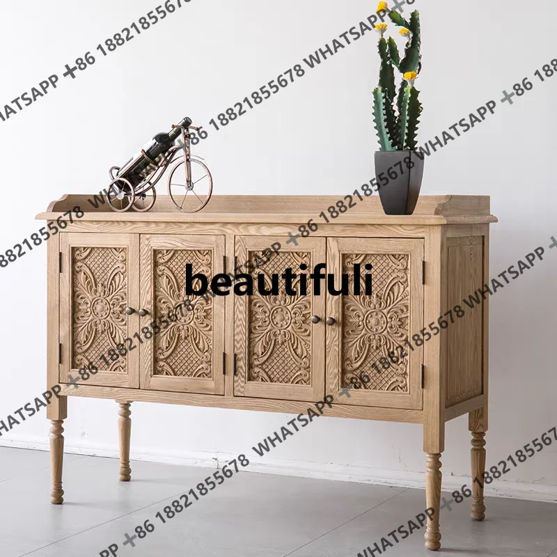 

American rural solid wood carving flower entrance cabinet French retro simple solid wood oak dining side cabinet