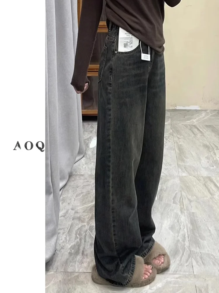 

High Waist Wide Leg Cement ey Jeans Women plus Size Slim Straight Cut Trousers Summer Long Floor Length Pants