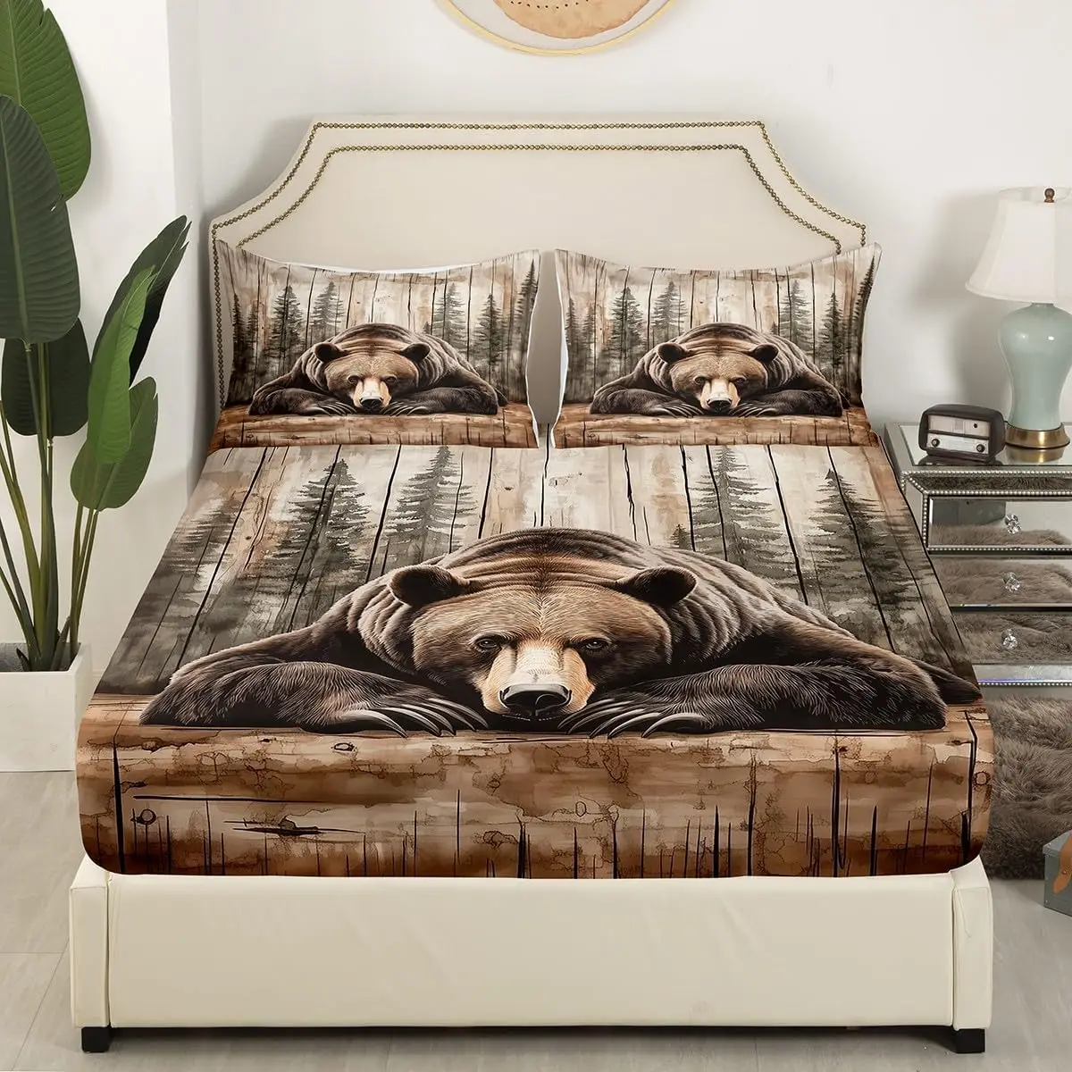 ชุดเครื่องนอนคิงกริซลี่แบร์ - สไตล์บ้านไร่แบบชนบท ลายพิมพ์สัตว์ป่าในป่าสไตล์วินเทจ