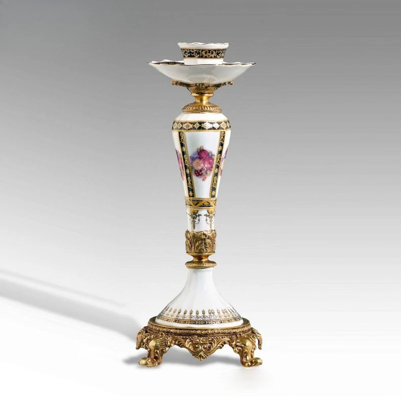 Luxury European white porcelain, copper single candlestick decoration, gold floral pattern candlestick decoration