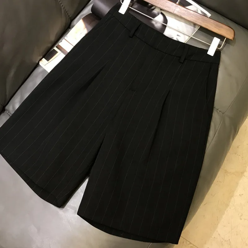 Hight Waist Black Gray Shorts Summer Striped Tailored Shorts Loose for Women Office Lady S ~ 3XL Women Clothing