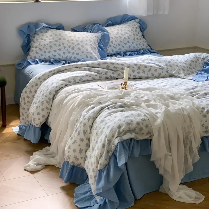 A-Class Cotton Double Layer Yarn Four Piece Ruffle Lace Quilt Cover Pure Cotton Bed Sheet, Fitted Sheet, Bedding Supplies