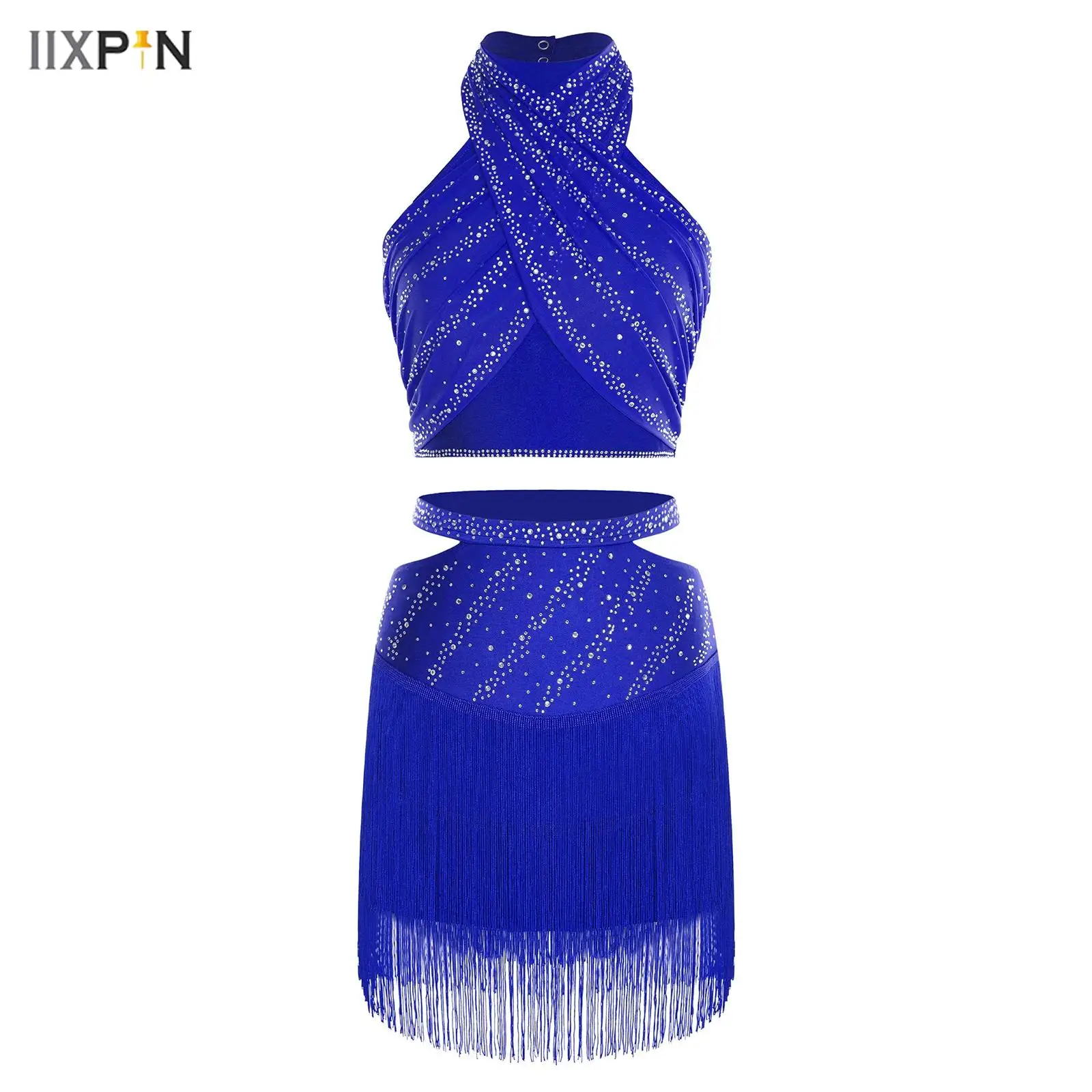 

Women's Jazz Latin Dance Costume Halter Sleeveless Shiny Rhinestones Front Cross Ruched Mesh Overlay Crop Top with Tassels Skirt