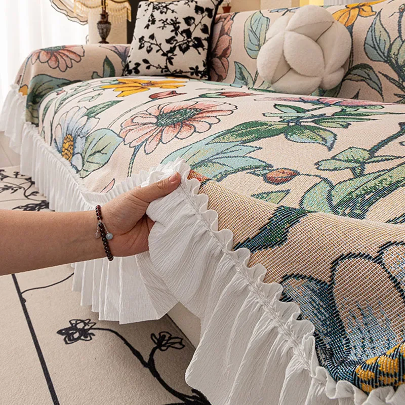 Nordic Pastoral Sofa Towel with Skirt Edge All Inclusive Non Slip Couch Cushion for Living Room All-Season Printed Sofa Blanket
