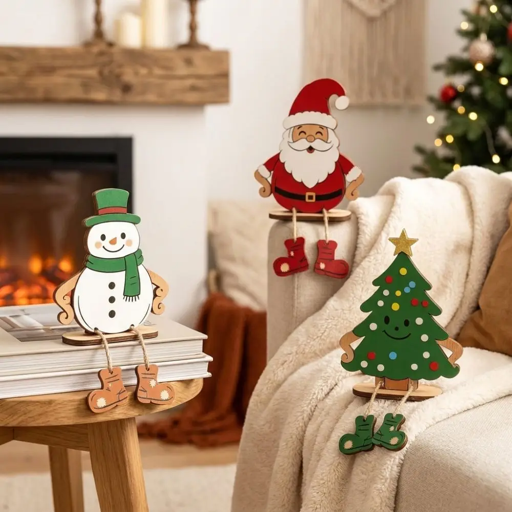 3Pcs Self Standing Santa Snowman Tree Ornament Stable Base Cartoon Style Dangling Leg Wood Figurine Vintage Rustic