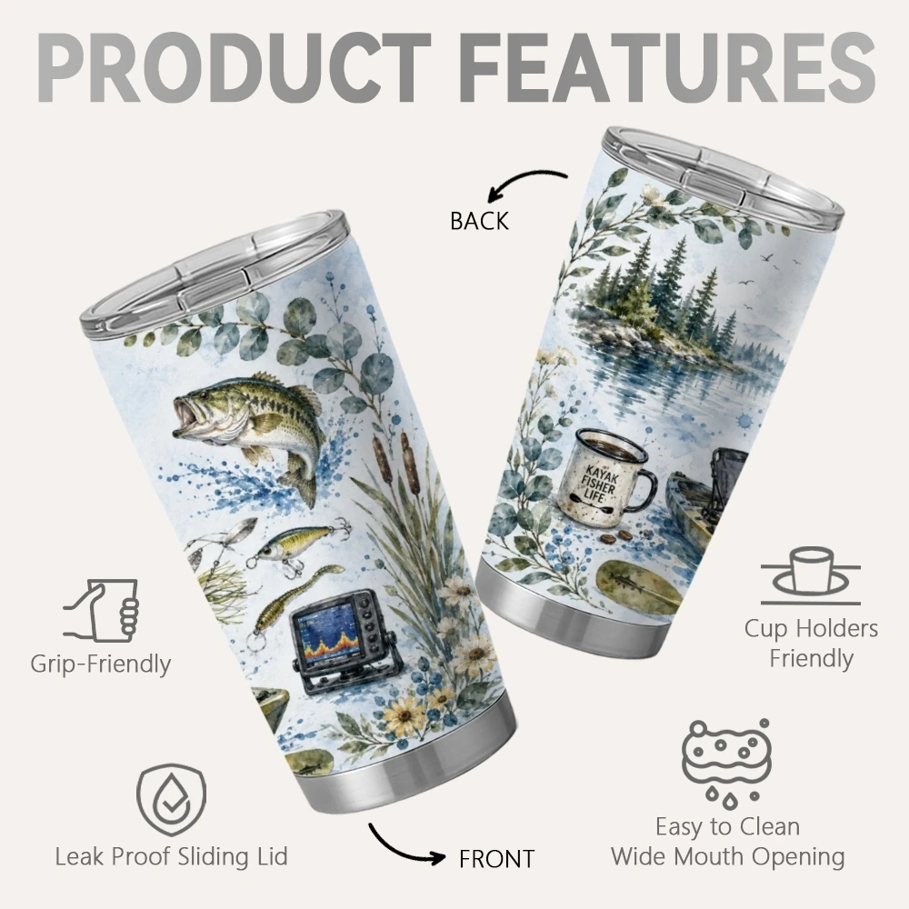 Kayak Fishing Vacuum Flasks 20oz Insulated Stainless Steel Tumbler Travel Mug with Sliding Lid Coffee Cup for Office Use